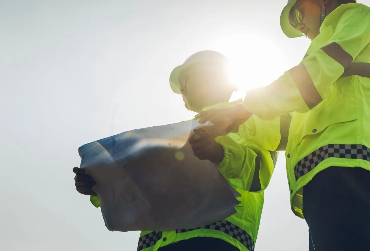 Dos personas con casco y chaleco reflectante revisan un plano a contraluz